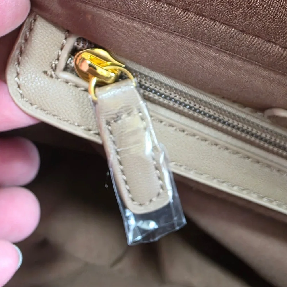 Adrienne Vittadini Taupe Saffiano Faux Leather Satchel‎ Handbag Gold Hardware